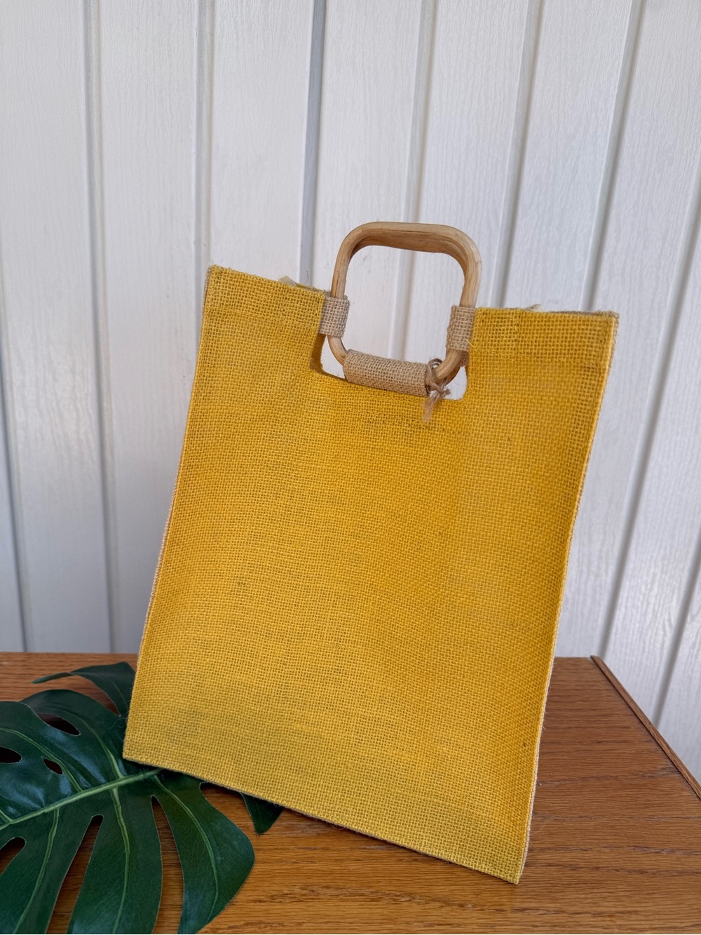 Yellow Jute Bag with Wooden Handle
